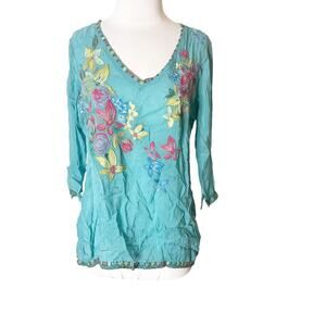 Johnny was embroidered floral v neck top blue sz XS